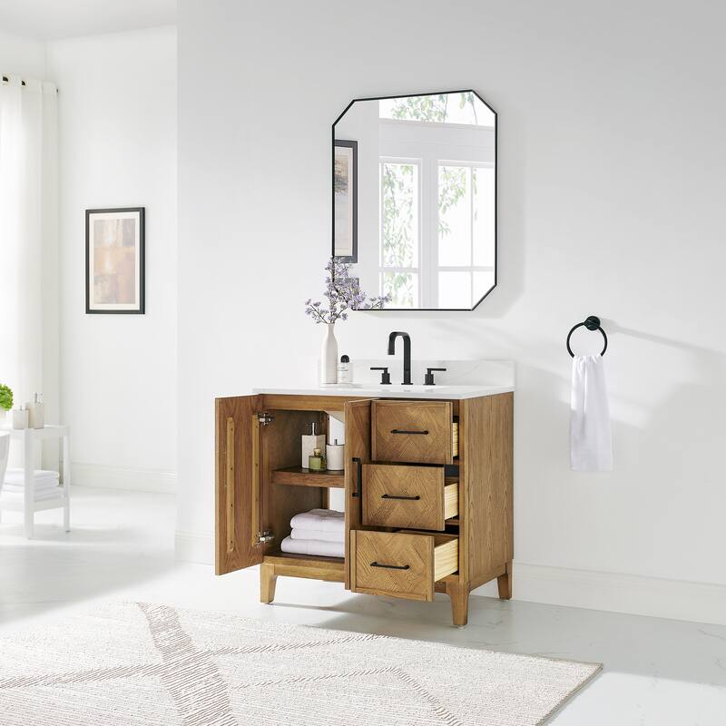 Clara Bathroom Vanity in Weathered Brown with Calacatta Truffle White Quartz Countertop No Mirror