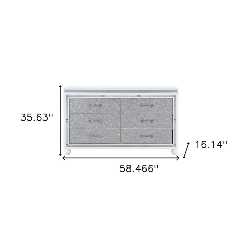 HomeRoots 58" White And Silver Faux Crystal Bling Wood Six Drawer Double Dresser