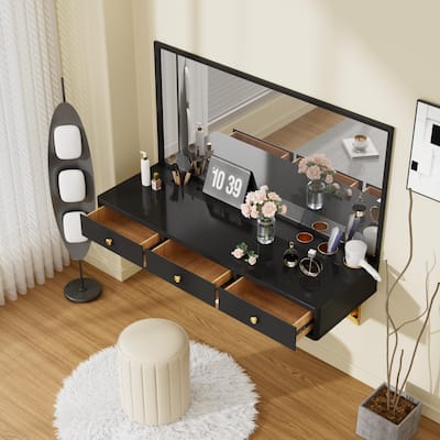 47" Floating Shelf with Drawer, Multi-Purpose Wall-Mounted Vanity Table, Mounted Desk, Floating Table