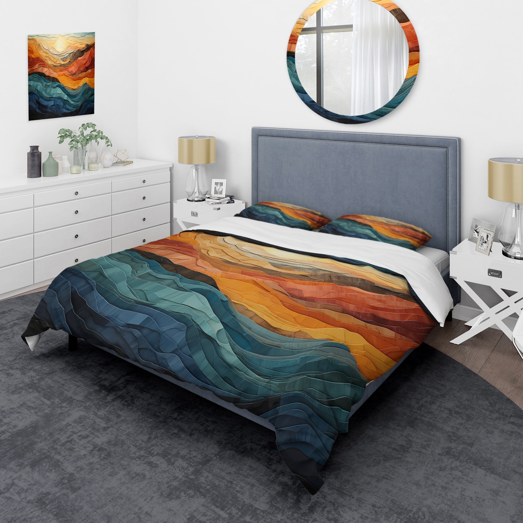 Designart "Coral Teal Bold Mountains Landscape" Coral Traditional - Bedding Set With Shams