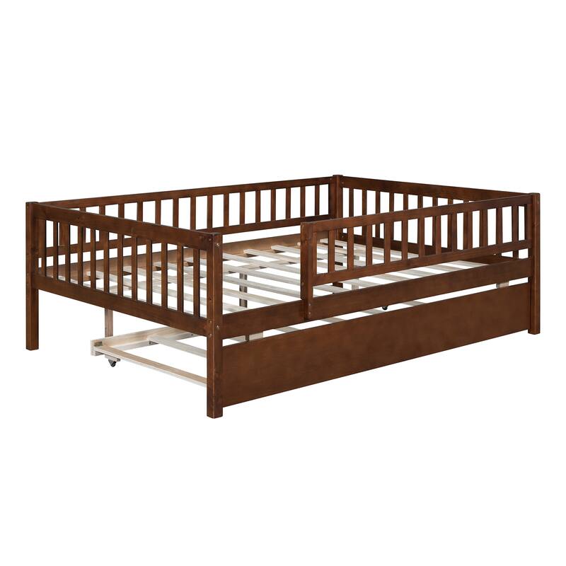 Full Size Wood Daybed with Trundle and Fence Guardrails in Walnut Finish