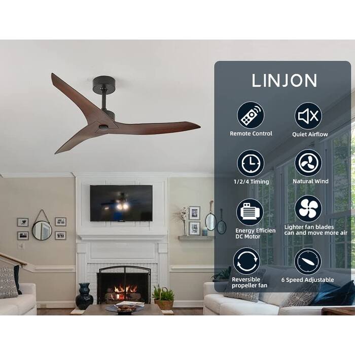 52 Inch Ceiling Fan without Light with Remote Control and 3 ABS Blades, 6 Speed Reversible DC Motor, Adjustable Height