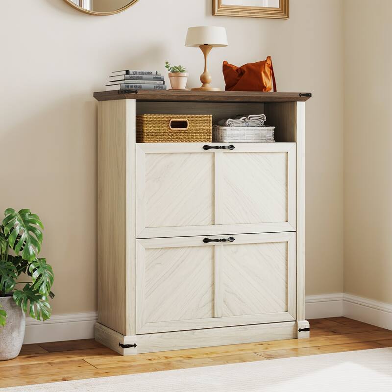 Moasis 2 Flip Drawers Shoe Storage Cabinet with Shelves for Entryway Hallway - White