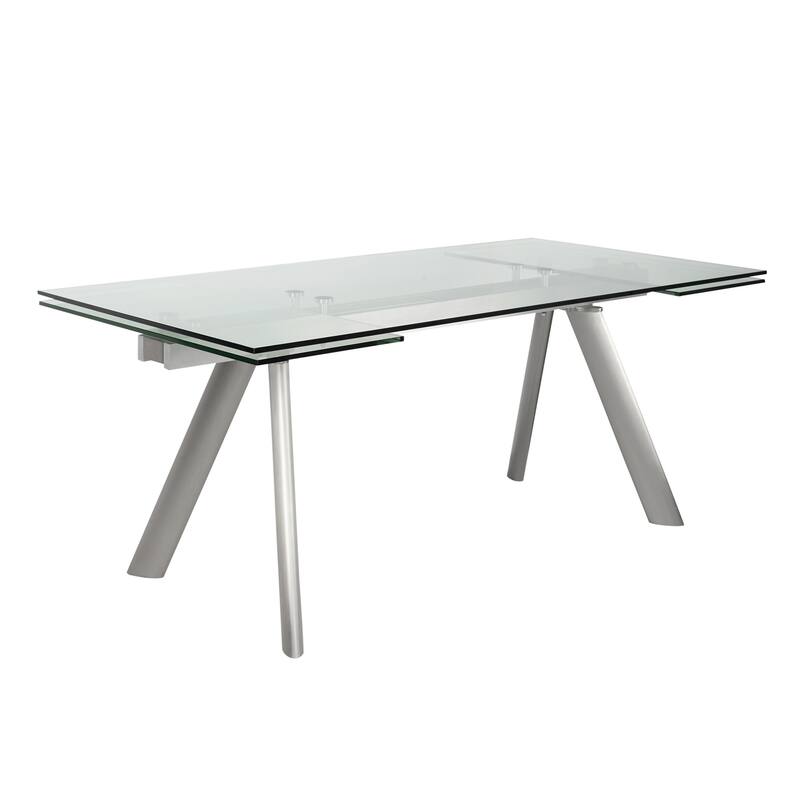 HomeRoots 103" Clear and Silver Glass and Steel Extendable Dining Table - 102.50 in. x 29.50 in. x 35.50 in.