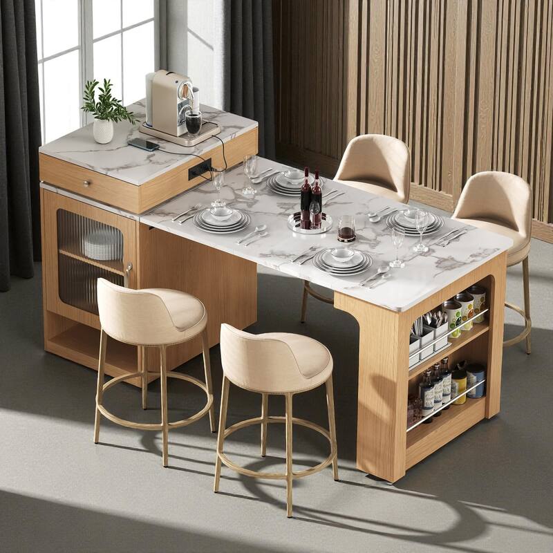 59.5" Kitchen Island with Extendable Table, Double-Sided Storage, Power Outlet, Drawers and Shelves - Natural