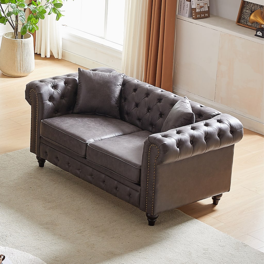 63.5" Contemporary Chesterfield Sofa, Tech Fabric, Button Tufted, 2 Pillows, Grey