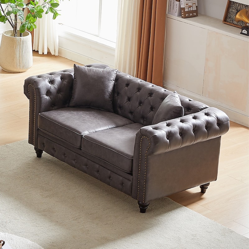 63.5" Contemporary Chesterfield Sofa, Tech Fabric, Button Tufted, 2 Pillows, Grey - Multi-Color