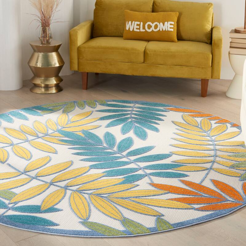 Nourison Aloha Leaf Print Vibrant Indoor/Outdoor Area Rug - 7'10" x round - Multi/Ivory