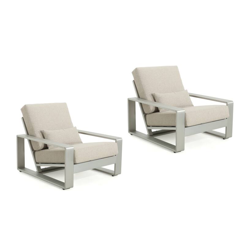Roomfitters La Plata Outdoor Aluminum Lounge Chairs with Olefin Cushions, Modern Patio Seating, Silver - Set of 2