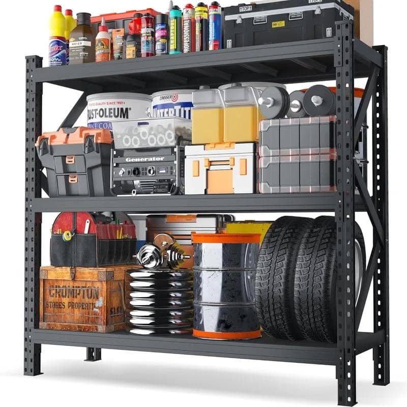 3-Tier Industrial Shelving Rack - 63in, Heavy Duty Steel Shelving Unit Adjustable, Black, Requires Assembly