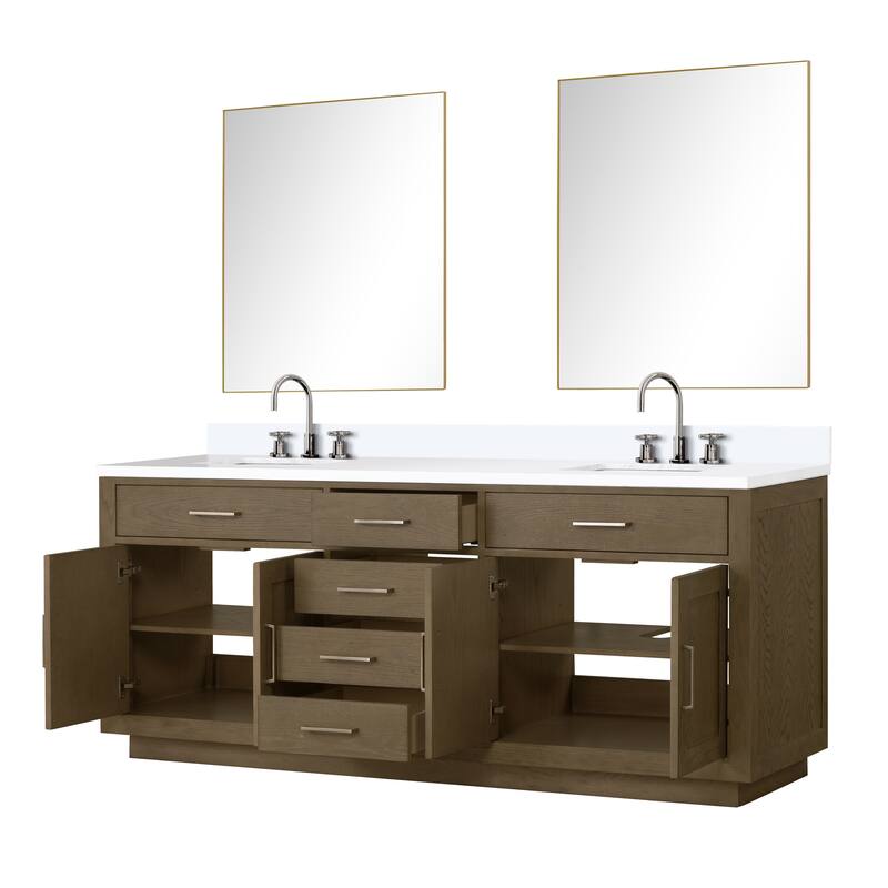 Abbey 60 in W x 22 in D Black Oak Double Bath Vanity, Cultured Marble Top, Faucet Set, and 28 in Mirrors