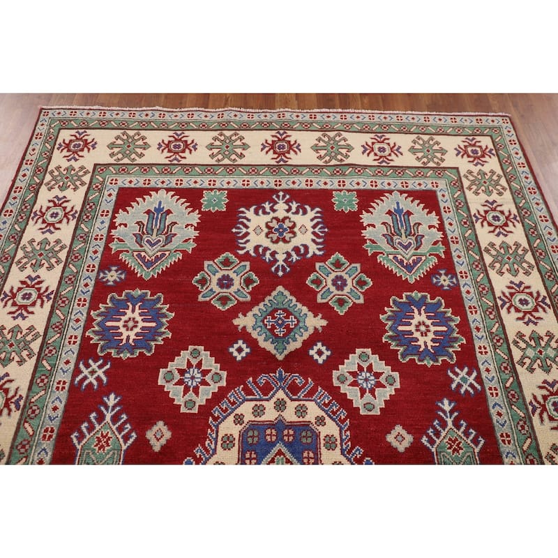 Red Geometric Kazak Oriental Area Rug Hand-Knotted Wool Carpet - 5'8" x 8'4"