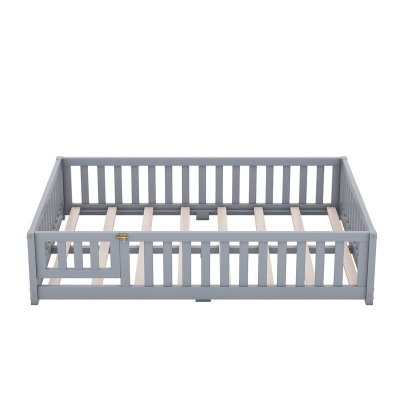 Full Size Kids Floor Bed with Guardrails and Door