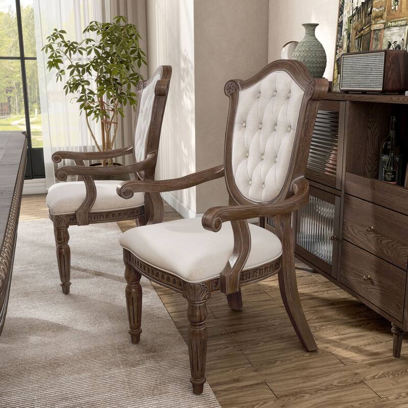 Furniture of America Cassian Traditional Weathered Oak Padded Dining Arm Chairs with Button Tufted Back (Set of 2)