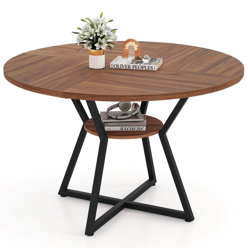 Costway 47” Round Dining Table for 4 with Storage Shelf, Wooden - Brown+Black - See Details - Brown+Black - See Details