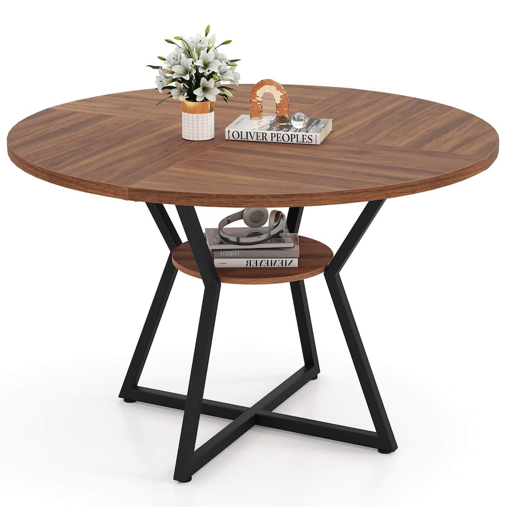 Costway 47” Round Dining Table for 4 with Storage Shelf, Wooden - Brown+Black - See Details