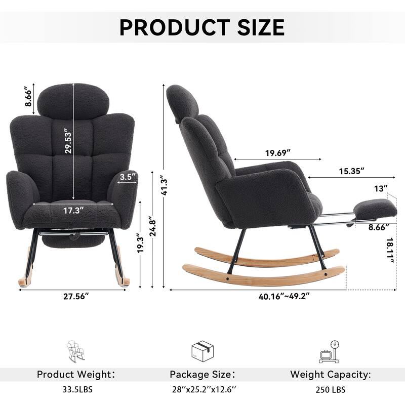 Teddy Fabric Upholstered Rocking Chair with Pillow and Footrest - Grey