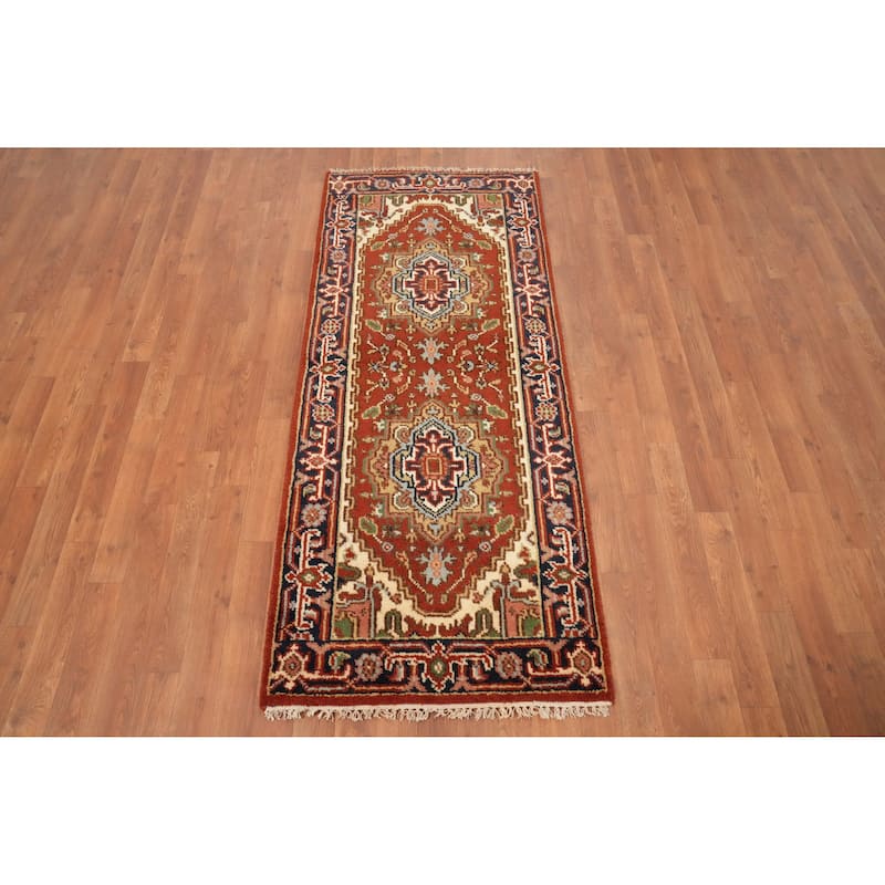 Hand Knotted Oriental 100% Wool Carpet Traditional Geometric Oranges & Rust Heriz (serapi) Runner Rug - 5' 9'' X 2' 5''