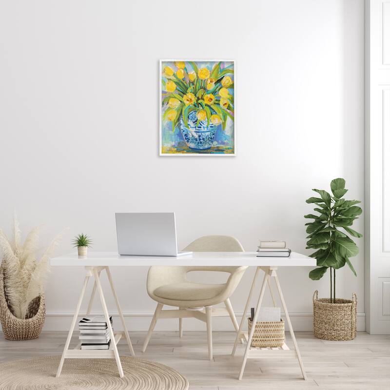 Stupell Expressive Yellow Tulips in Ornate Blue Vase Painting Framed Wall Art