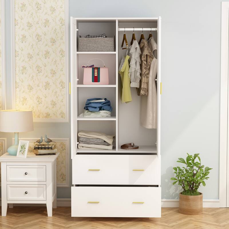 31.5"W x 72"H Two Door Wardrobe With Mirror White/Dark Brown Armoires - 31.5"W x 72"H