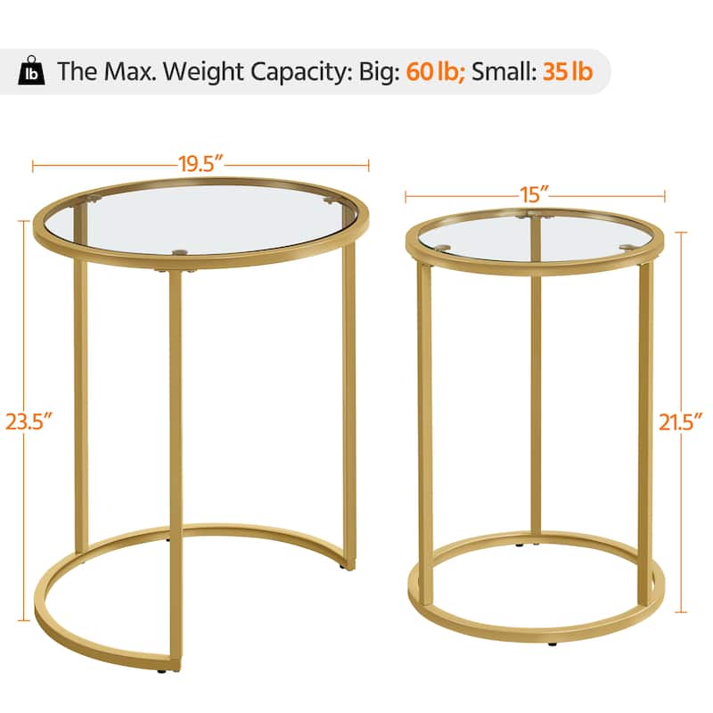 Yaheetech Round Nesting End Table Set with Glass Top for Small Space