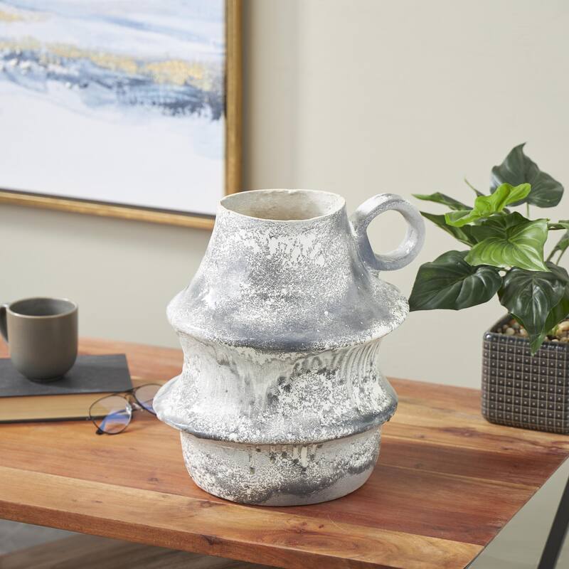 Light Gray Paper Mache Distressed Fluted Decorative Vase with Light Gray Texturing and Ring Handle - Light Gray - 12"W, 15"H