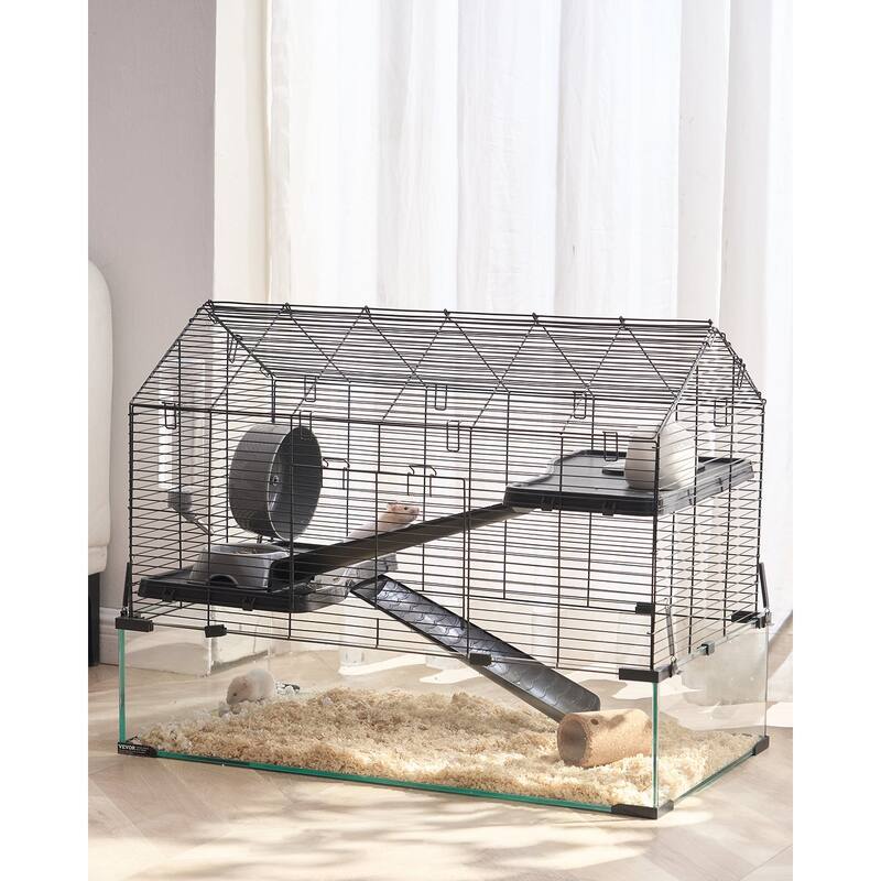 Large Tempered Glass Hamster Cage with Panoramic View & Metal Mesh Top - 29.5 x 17.3 x 24 inches - Black