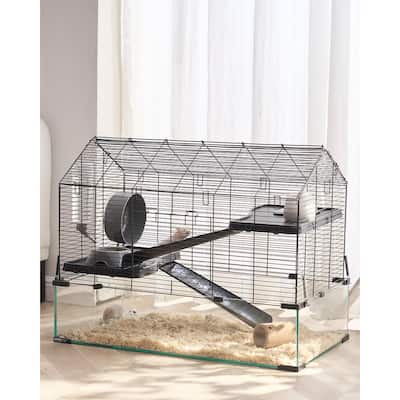 Large Tempered Glass Hamster Cage with Panoramic View & Metal Mesh Top - 29.5 x 17.3 x 24 inches
