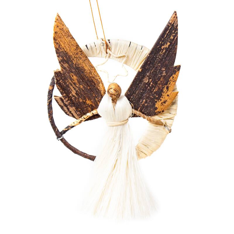 Banana Fiber Angel Swinging on Crescent Moon Ornaments, Set of 2