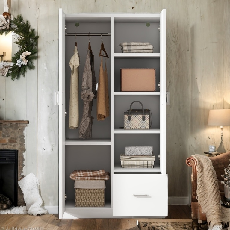 Wooden Wardrobe with Double Doors, White