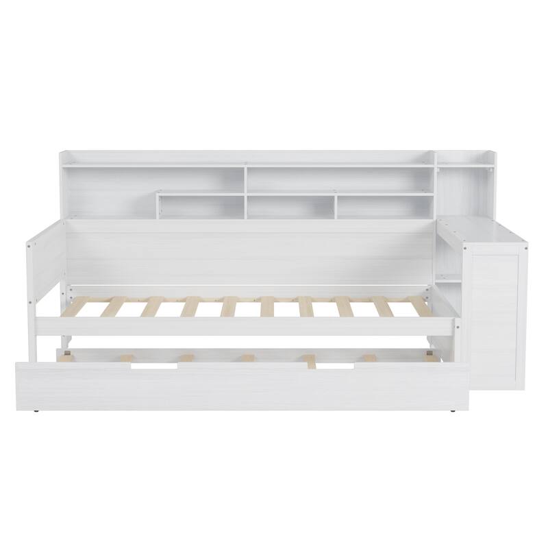 Wooden Twin/Full Size Daybed with Trundle Bed, Multi-functional Corner Platform Sofa Bed Frame with Storage Headboard and Desk