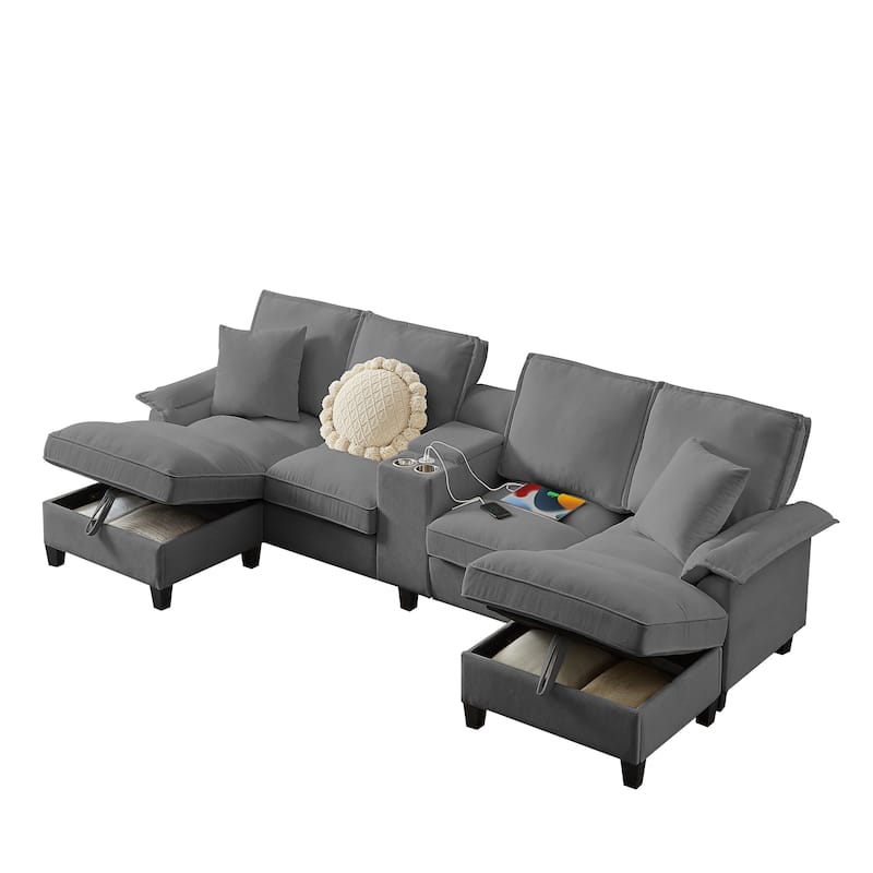 Corduroy U-shaped Sectional Sofa with Double Storage Chaise Lounge, Console Table with Charging Station, Box and Cup Holders