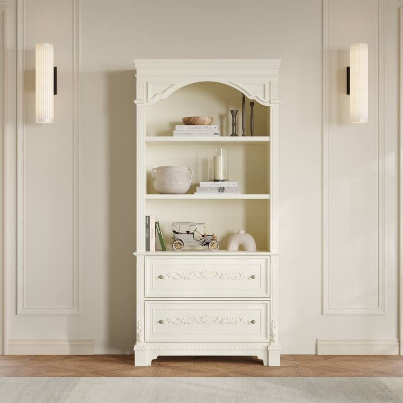 Vintage White Display Cabinet with Shelves and Drawers, Antique Bronze Handles, Hand-Rubbed Finish, Elegant Bookshelf