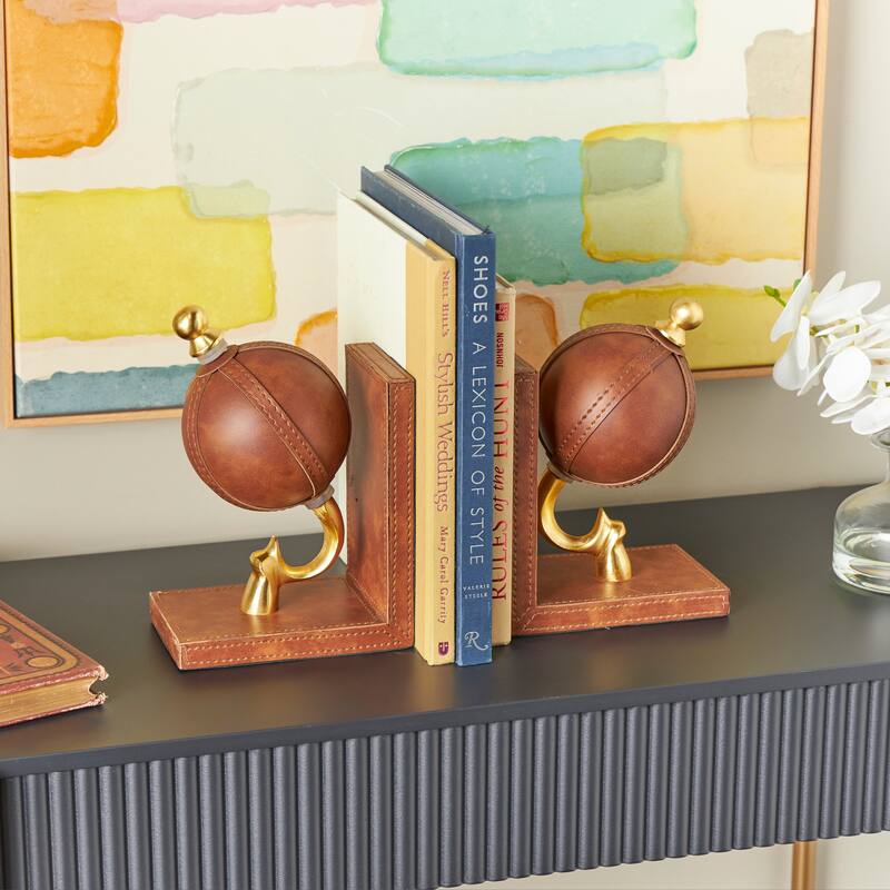 Brown Leather Handmade Stitched Globe Decorative Bookends with Brown Wood Base (Set of 2) - Brown