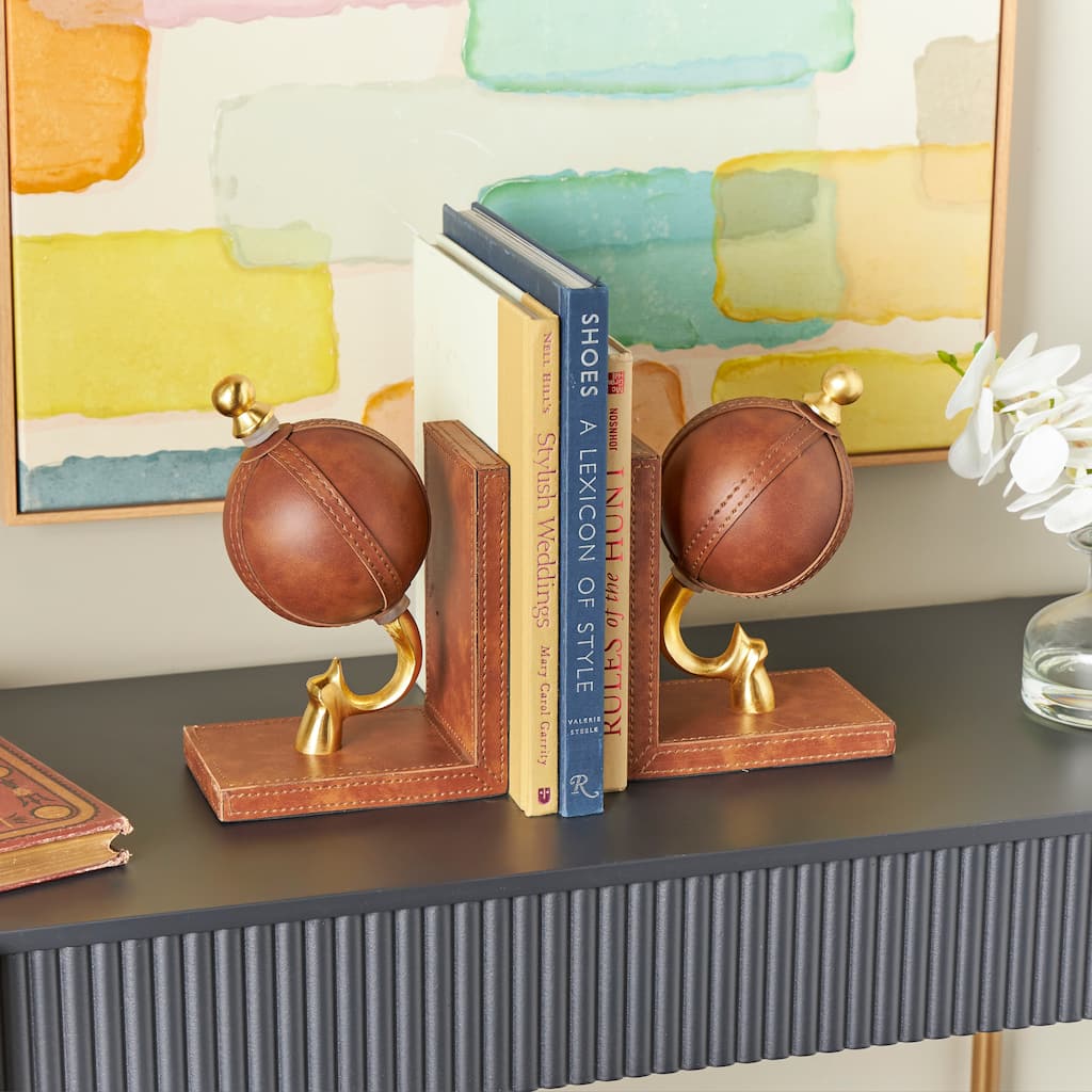 Brown Leather Handmade Stitched Globe Decorative Bookends with Brown Wood Base (Set of 2)