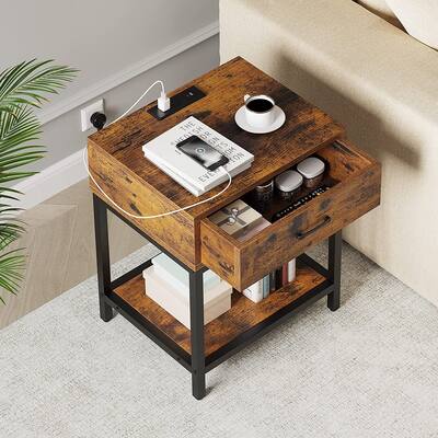1-Drawer Vintage Nightstand with Charging Station (23.1 in. H × 19.7 in. W × 15.8 in. D)