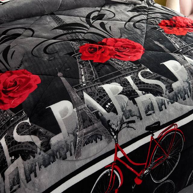 3-Piece Floral Printed Sherpa-Backing Reversible Comforter Set
