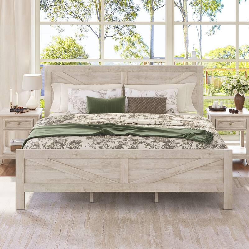 King/Queen Size Wood Platform Bed Frame With Headboard, Solid Wood Platform Bed, No Box Spring Needed, Easy Assembly - King - Old wood white/King