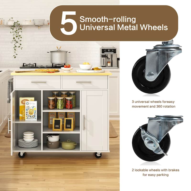 Rolling Kitchen Island with Storage Cabinet & Drawers - Rubber Wood Top for Dining & Kitchen Storage