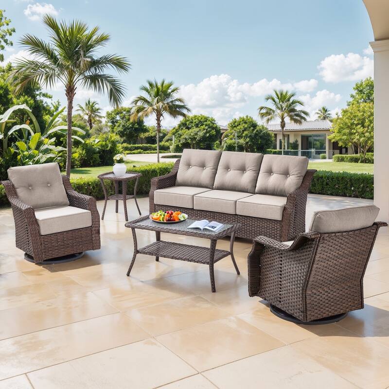 Gymojoy Wicker Patio Furniture Sofa Set, 6-Inch Ultra Thick Cushioned 360°Swivel Glider Chairs & Sofa Set
