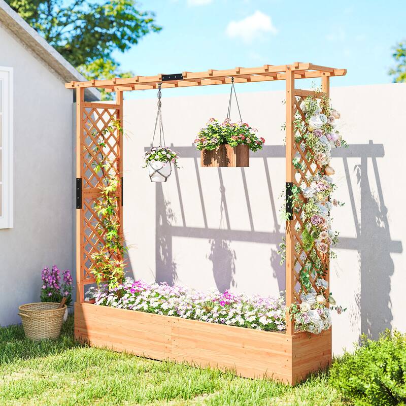 Outsunny Raised Garden Bed with Trellis, Wooden Planter Box with Hanging Roof and Drainage Holes, 77.2" x 17.3" x 71.3", Natural - Brown