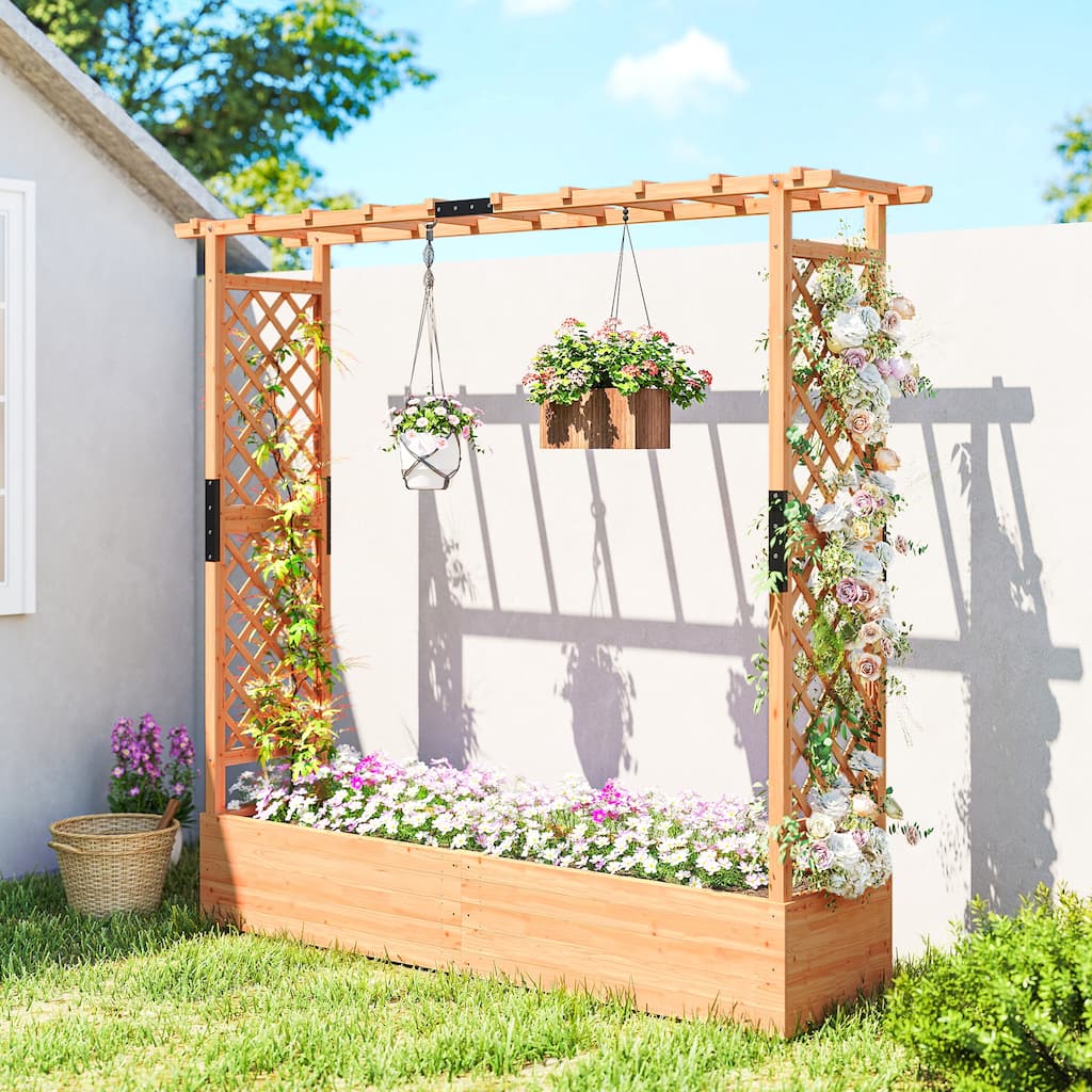 Outsunny Raised Garden Bed with Trellis, Wooden Planter Box with Hanging Roof and Drainage Holes, 77.2" x 17.3" x 71.3", Natural
