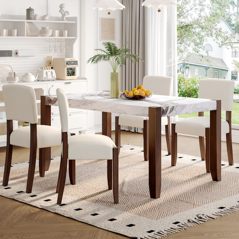 5 Piece Dining Table Set for 4, 46" Faux Marble Table with 4 Upholstered Chairs