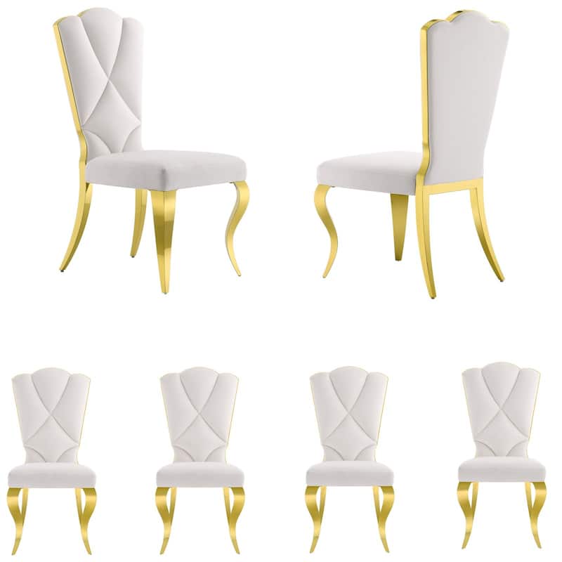 Modern Gorgeous High Back Dining Chairs White Velvet Upholstered Dining Room Chairs with Gold Metal Legs - Set of 6