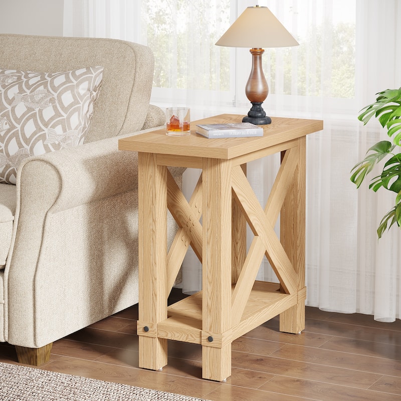Farmhouse 2-Tier End Side Table Nightstand for Living Room Bedroom - Natural