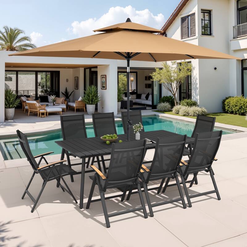9/11-Piece Outdoor Aluminum Patio Dining Set w/10 ft Umbrella and Base, Rectangle Table and Folding Chairs - Set of 11 - Black Table with Tan Umbrella