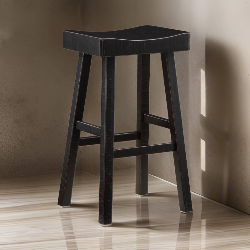 Casy 30 Inch Bar Height Stool, Saddle Seat, Black Solid Rubberwood Frame