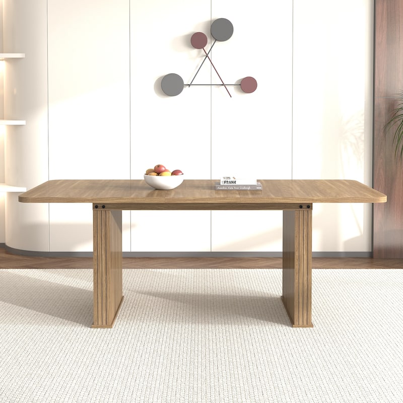 Contemporary Expandable Dining Table - Solid Wood Construction with Dual Pedestal Base, Seats 6-10 Guests Comfortably‌