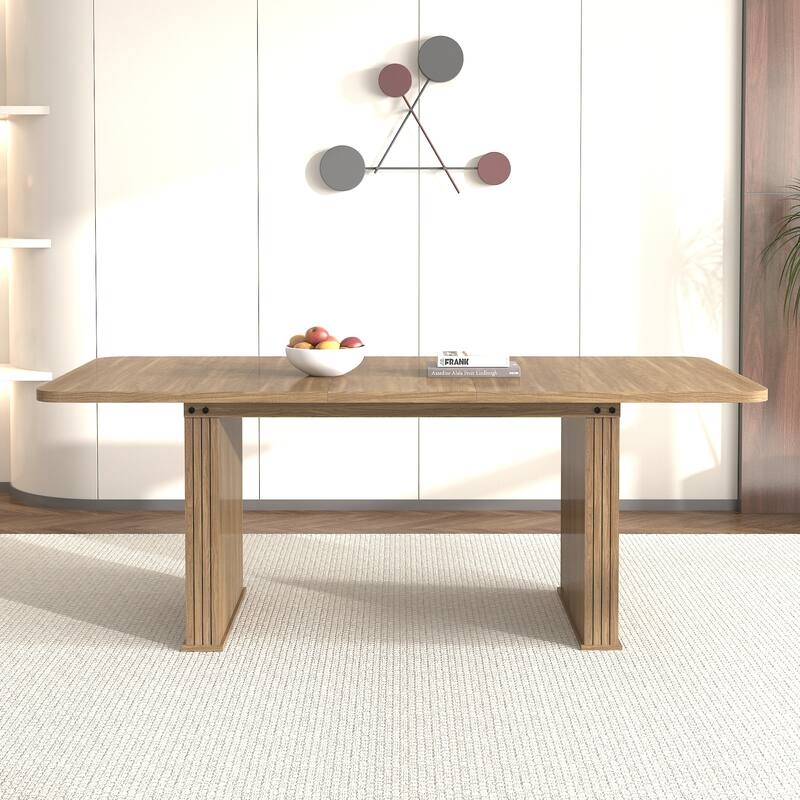 Rounded stripes Extendable Dining Table for 6-10 People, Wood Table with Double Robust Pedestal, Conference Meeting Table