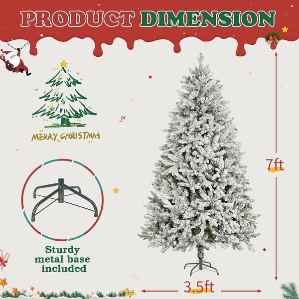dimension image slide 7 of 8, 6ft or 7ft Artificial Snow Flocked Christmas Tree with Metal Stable Stand Base for Indoor and Outdoor Holiday Decoration
